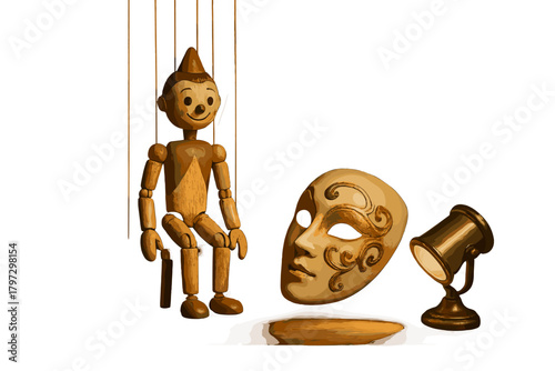 Wooden puppet marionette controlled by strings next to a decorative masquerade mask and stage spotlight