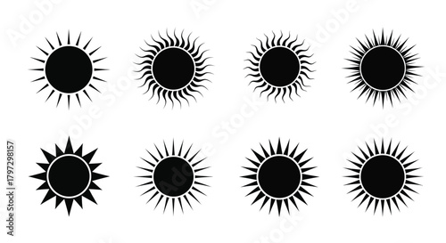 Black and white sun icons in varying styles and sizes displayed