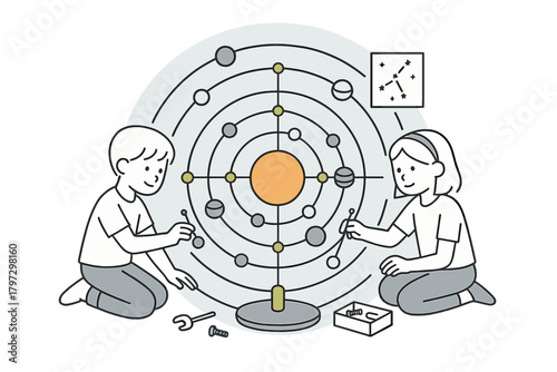 Boy and girl assembling a science project model of the solar system with planets