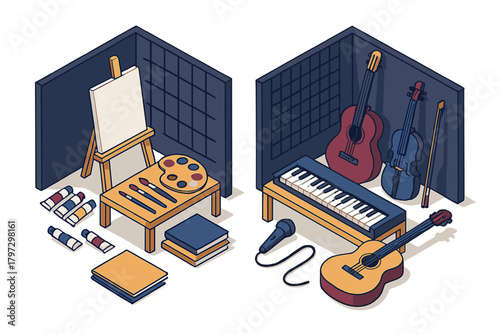 Isometric setup of painting equipment and musical instruments for creative hobbies