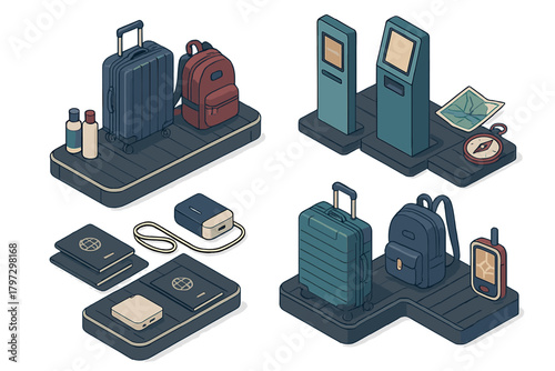 Travel essentials collection with suitcases, backpacks, passports, and airport check-in kiosks