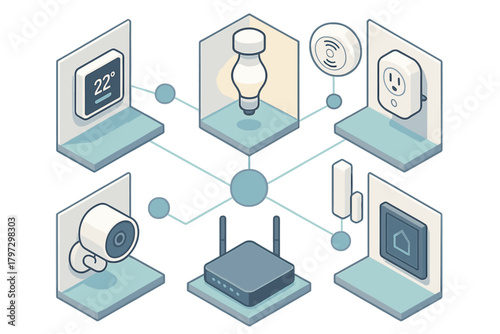 Isometric smart home automation network diagram showing connected IoT devices and central hub