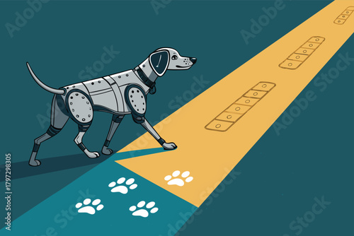 Advanced cybernetic canine scans illuminated, spectral shoe impressions on wet urban pavement, augmented reality, futuristic exploration.