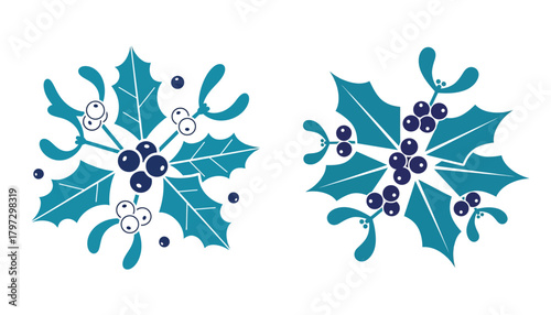 Two decorative christmas holly and mistletoe sprigs