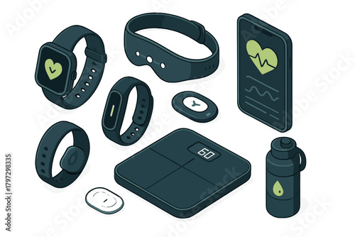 Isometric set of wearable fitness trackers, smart scale, smartphone, and health monitoring devices
