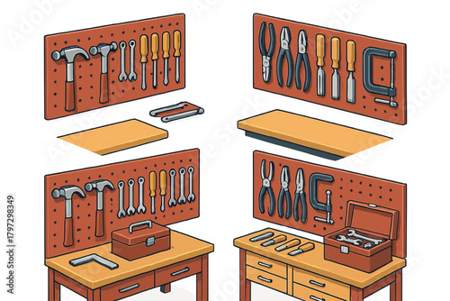 Essential repair and construction tools organized on storage boards and tables in isometric perspective
