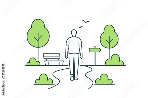 Person walking away on a winding path in a park with trees and a directional signpost