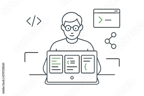 Professional software developer working on a laptop surrounded by programming and technology icons