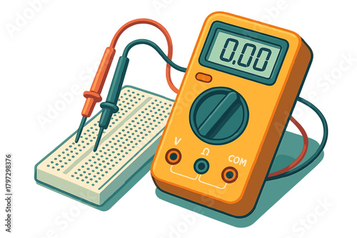 Yellow digital multimeter and breadboard with probes for electronic circuit testing