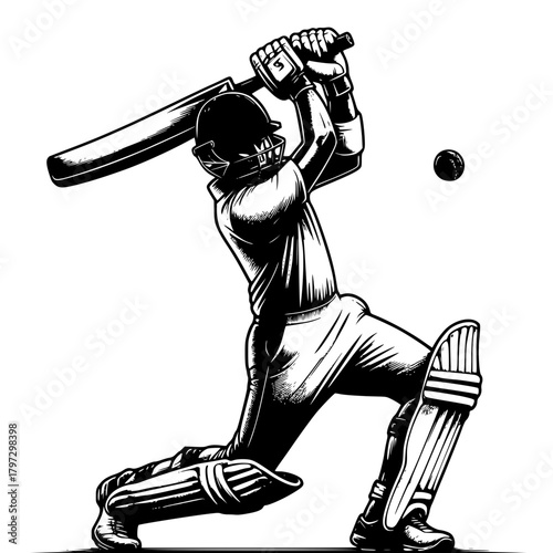 Action Shot: A determined cricket batsman in full swing, poised to strike a cricket ball with power and precision, showcasing the sport's dynamic essence.