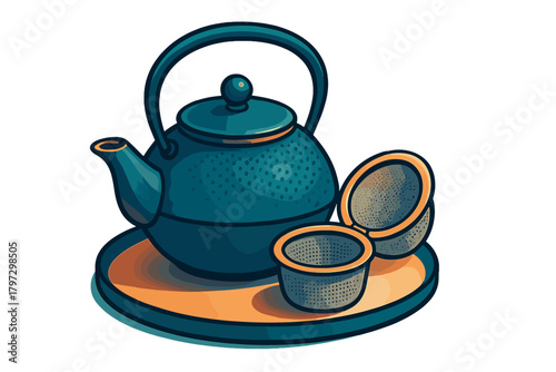 Cast iron style teapot and tea infusers on a round serving tray for hot beverages