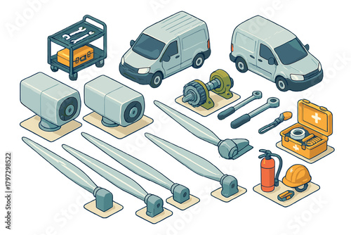 Isometric maintenance equipment, service vehicles, tools, and wind turbine components