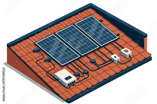 Residential rooftop solar system installation showing photovoltaic modules, inverter, and wiring