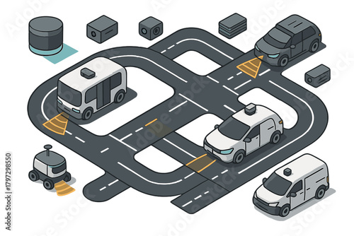 Autonomous vehicles and sensors on a smart city road network showing future transportation