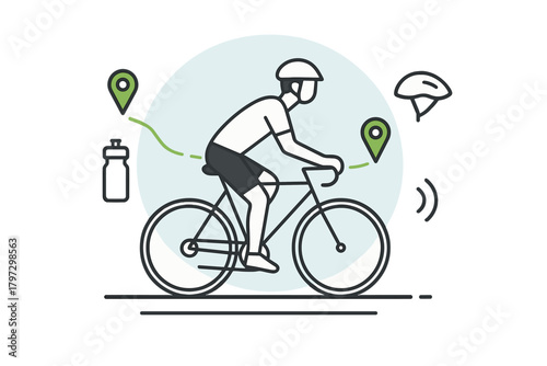 Cyclist riding a bicycle with GPS navigation route tracking and safety gear icons
