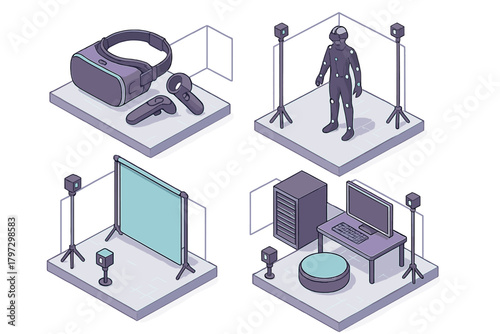 Isometric virtual reality and augmented reality technology devices and studio setups