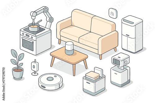 Isometric smart home setup with automated appliances and comfortable living room furniture