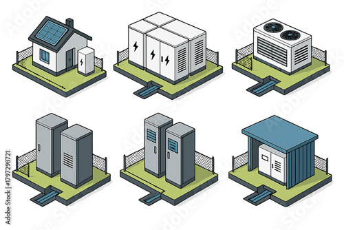 Isometric icons of energy storage systems, power infrastructure, utility equipment, and solar components