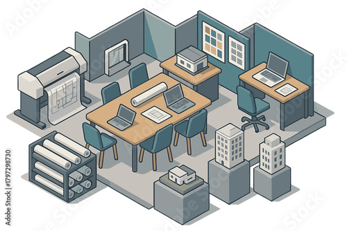 Professional architectural design interior layout in isometric view with equipment and models