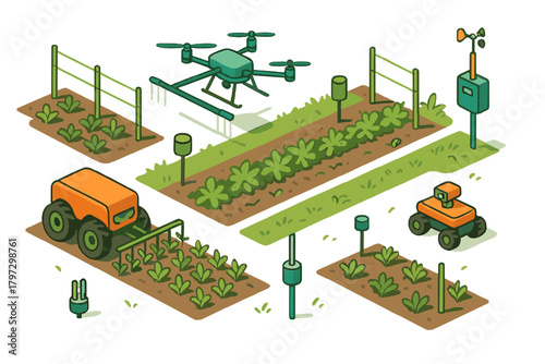 Automated smart farming setup with robotic tractor, drone, and sensor systems in isometric view