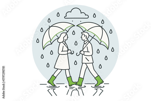 Couple walking together under umbrellas in the rain wearing bright green rubber boots and coats, stepping through puddles