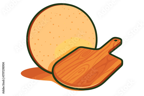 Raw pizza dough resting against a wooden cutting board ready for baking