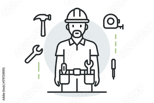 Handyman wearing hard hat and tool belt surrounded by floating repair tools