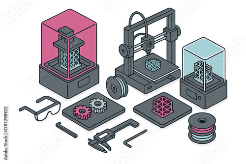 Additive manufacturing setup featuring FDM and resin printers with related engineering tools