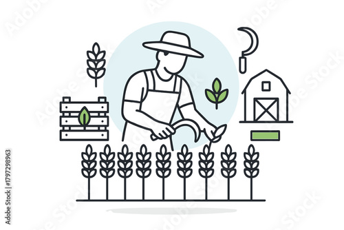 Farmer wearing a straw hat and apron harvesting ripe wheat stalks using a traditional hand sickle tool