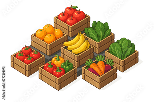 Isometric arrangement of fresh produce in wooden crates including apples bananas and leafy greens