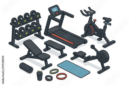 Comprehensive collection of modern fitness equipment and workout gear in isometric view