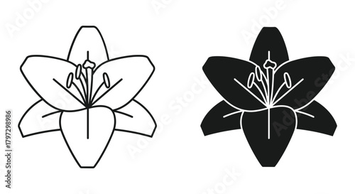 Stylized lily flower icon in black outline and solid fill versions, ideal for graphic design and floral themes.