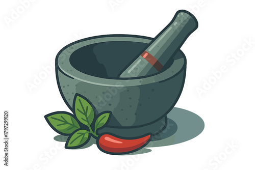 Traditional stone mortar and pestle with fresh basil leaves and red chili pepper