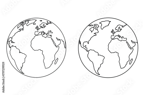 Two outline globes showing continents