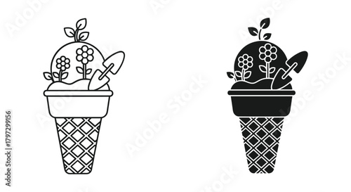 Creative gardening concept with a waffle cone holding growing plants, flowers, and a miniature shovel