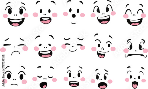 Cartoon retro faces. Vintage emotional face with mascot characters funny faces , eyes and mouths elements.