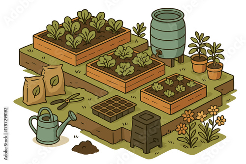 Sustainable home garden setup with raised beds, rain barrel, and composting bin