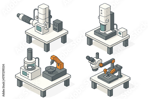 Isometric set of advanced laboratory equipment and scientific research instruments on tables