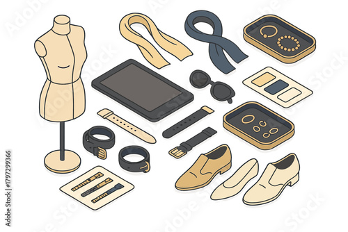 Stylish isometric layout of fashion accessories including shoes, jewelry, belts, and a mannequin