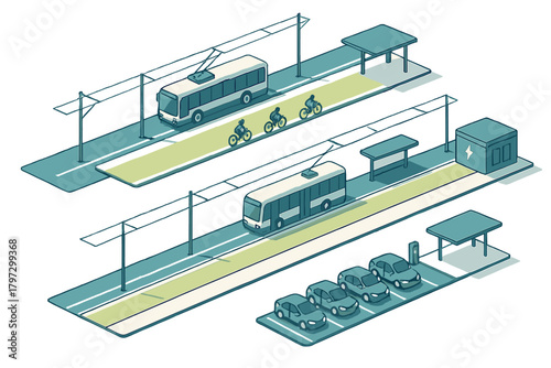 Isometric view of sustainable urban transportation system featuring electric buses dedicated bike lanes and EV charging stations