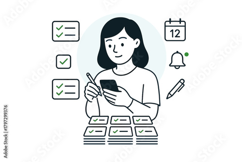 Woman managing schedule and completing tasks using mobile application on smartphone