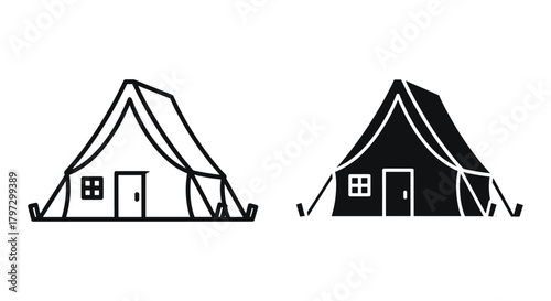 Outline and solid tent icons depicting outdoor camping, temporary shelter, adventure, and travel concepts.
