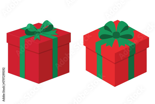 Two red gift boxes with green ribbon and bow
