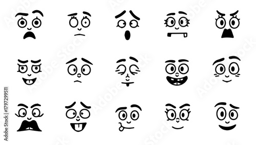 Cartoon retro faces. Vintage emotional face with mascot characters funny faces , eyes and mouths elements.