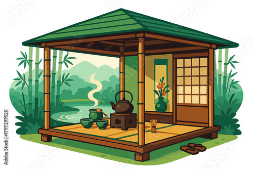 Traditional Japanese tea house gazebo with bamboo forest and pond view