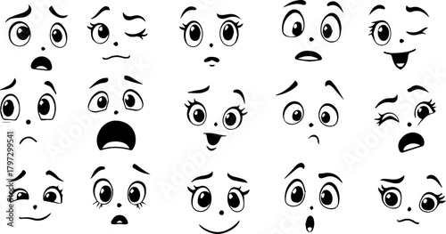 Cartoon retro faces. Vintage emotional face with mascot characters funny faces , eyes and mouths elements.