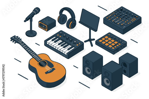 Isometric collection of professional music studio equipment including guitar, keyboard, mixer, and speakers