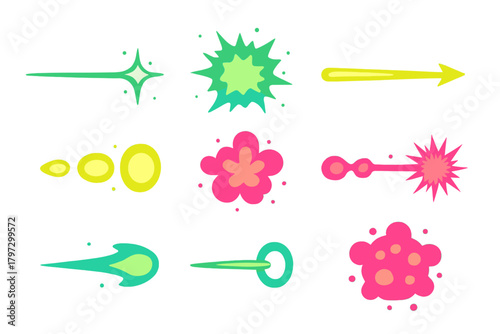 Vibrant cartoon comic book special effects set with laser beams, explosions, and speed lines