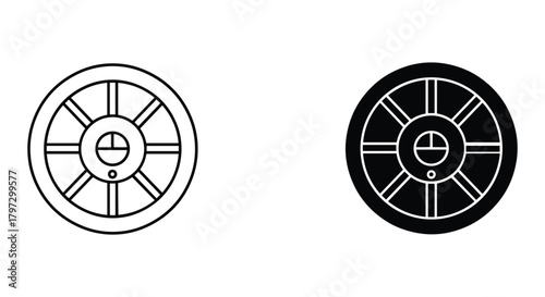 Classic wagon wheel outline and solid icon set, vintage transportation element for digital design projects