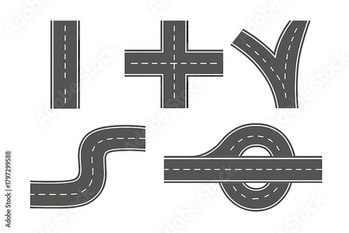 Modular asphalt road segments, highway elements, crossroads, curves, and overpass designs